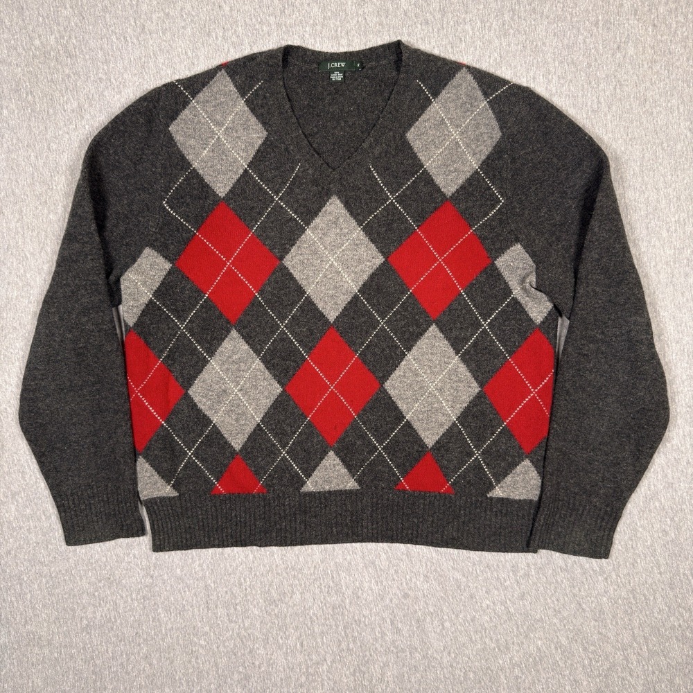 J Crew Sweater Mens XL Blue Gray 100% Lambswool Argyle Diamond Pullover V-Neck